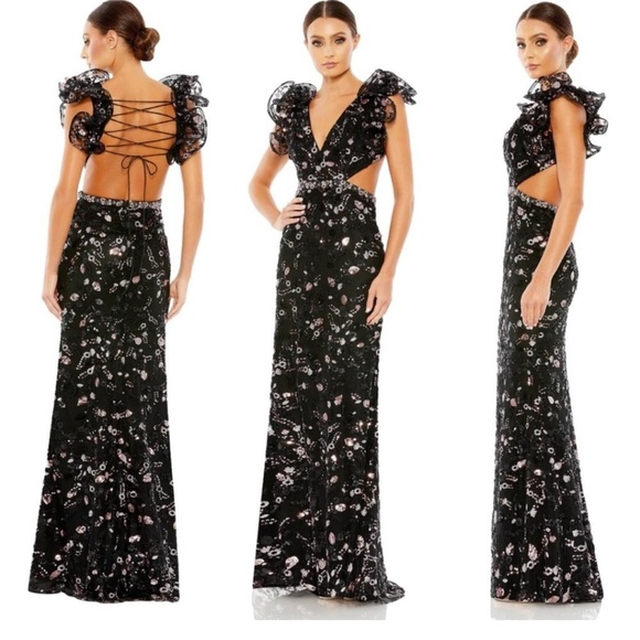 NWT Mac Duggal Sequin Embellished Ruffle Shoulder Lace-Up Back Sheath Gown 8 - Picture 1 of 10